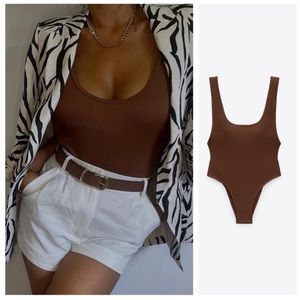 Zara Women M Brown Ribbed Scoop Low Back Cheeky Rib One Piece Swimsuit Nwt